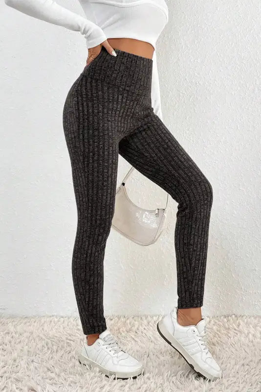 Dark grey wide waistband ribbed textured knit leggings