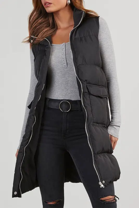 Windproof longline puffer vest - black