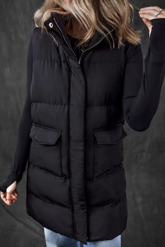 Windproof longline puffer vest - black