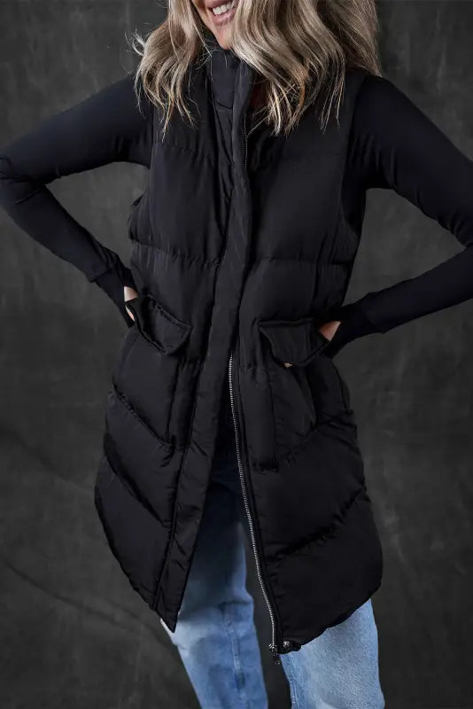 Windproof longline puffer vest - black