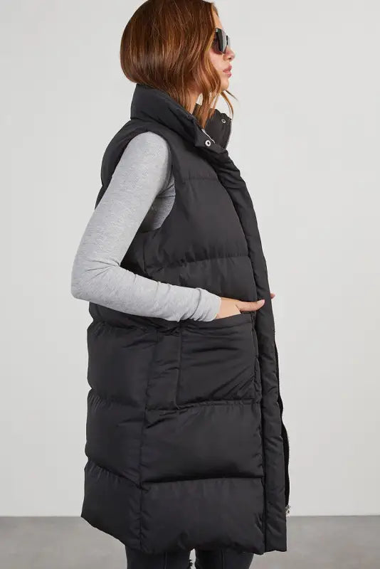 Windproof longline puffer vest - black