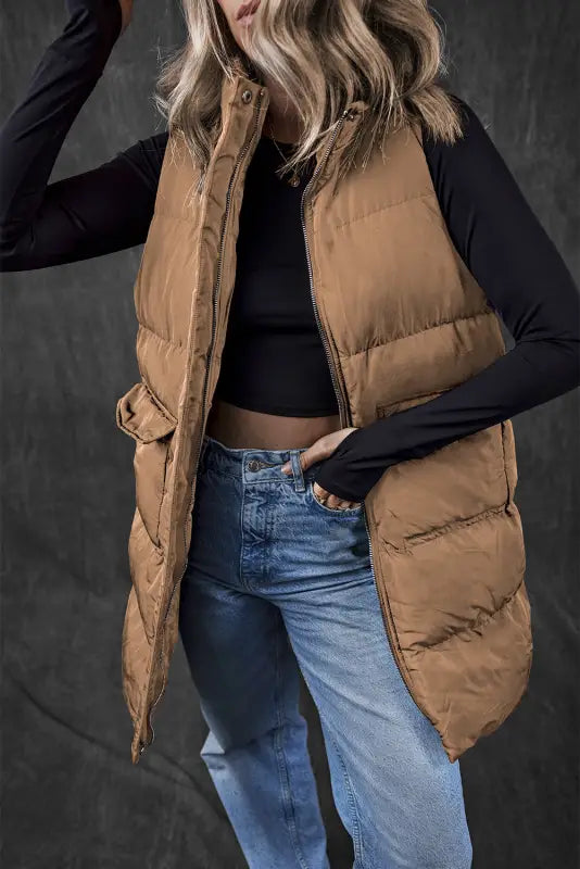 Windproof longline puffer vest - coffee | fashionfitz