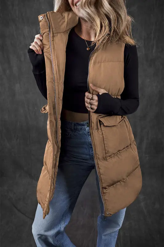 Windproof longline puffer vest - coffee | fashionfitz