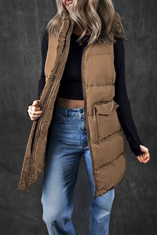 Windproof longline puffer vest - coffee | fashionfitz