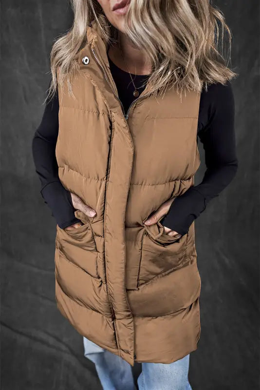 Windproof longline puffer vest - coffee | fashionfitz