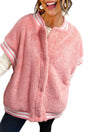 Model wearing varsity pink plush vest with zip front and high collar