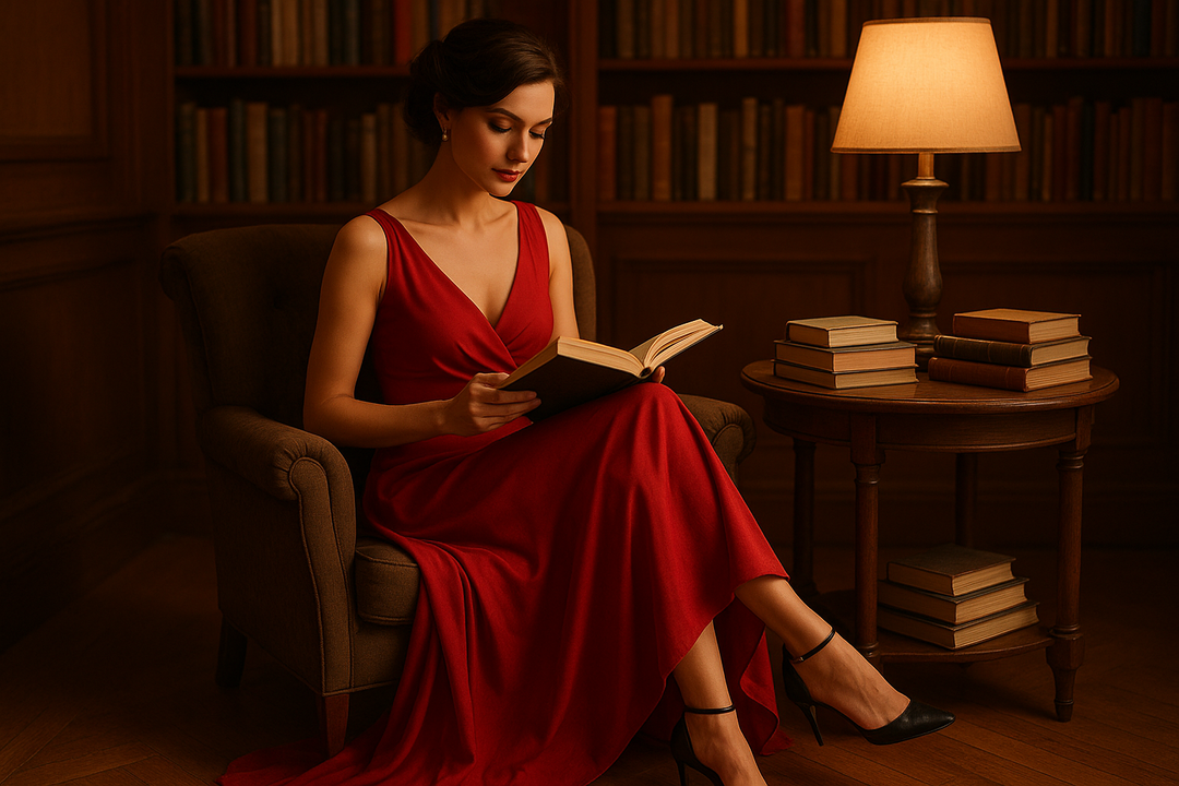 woman in red dress and high heels reading books
