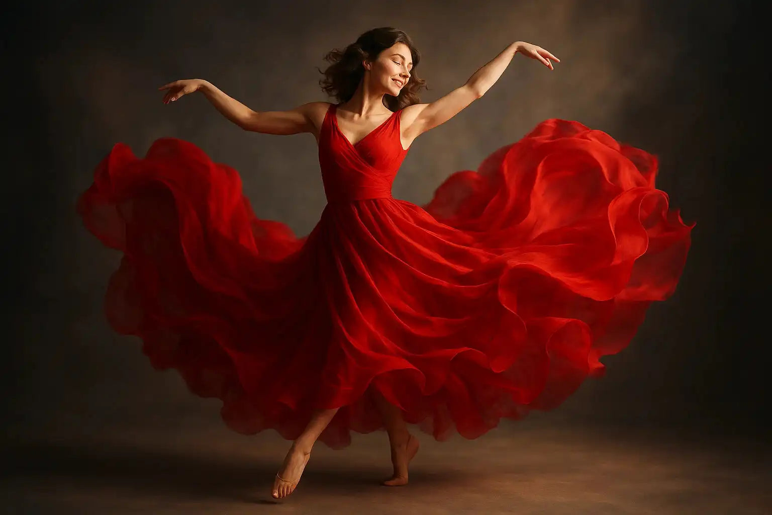 Dancer in a flowing red dress against a dark background