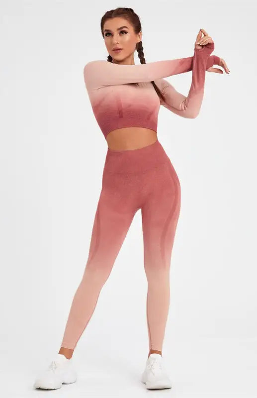 Women’s long sleeve gradient yoga set - pink / s - activewear leggings sets