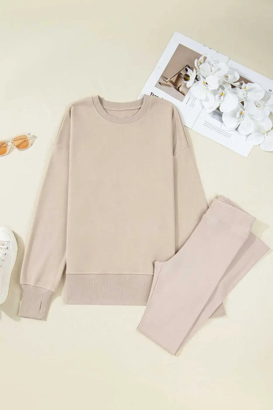 Flat lay of beige Oversized Sweatshirt and Leggings Matching Set, showing the full two-piece outfit ideal for fall loungewear and casual wear.