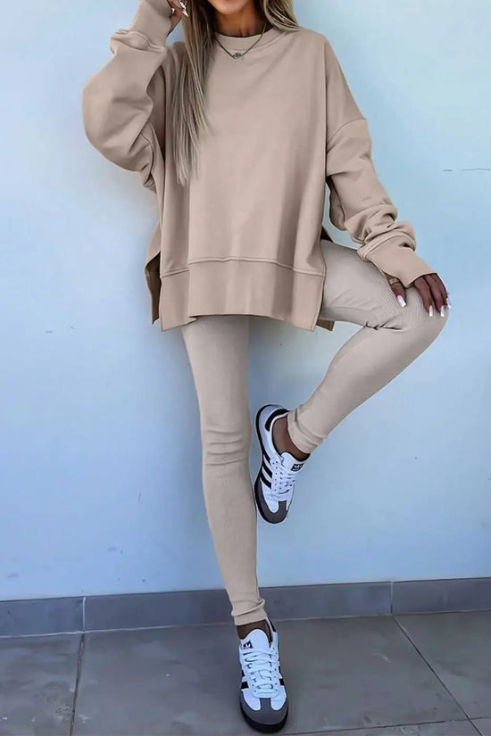 Beige Women's Oversized Sweatshirt and Leggings Matching Set styled with sneakers, perfect for casual fall fashion and comfortable loungewear.