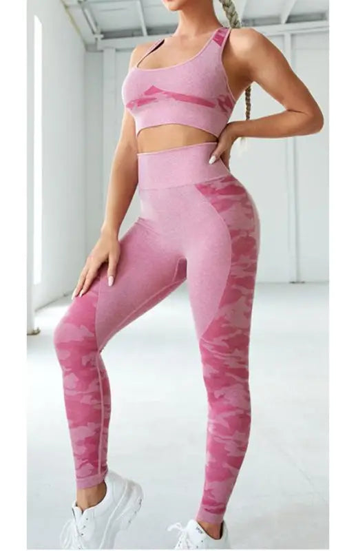 Seamless camo bra with chest pad yoga set - activewear leggings sets