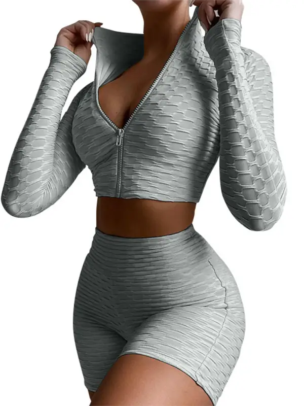 Women’s solid textured fabric athleisure sets - grey / s - activewear shorts set