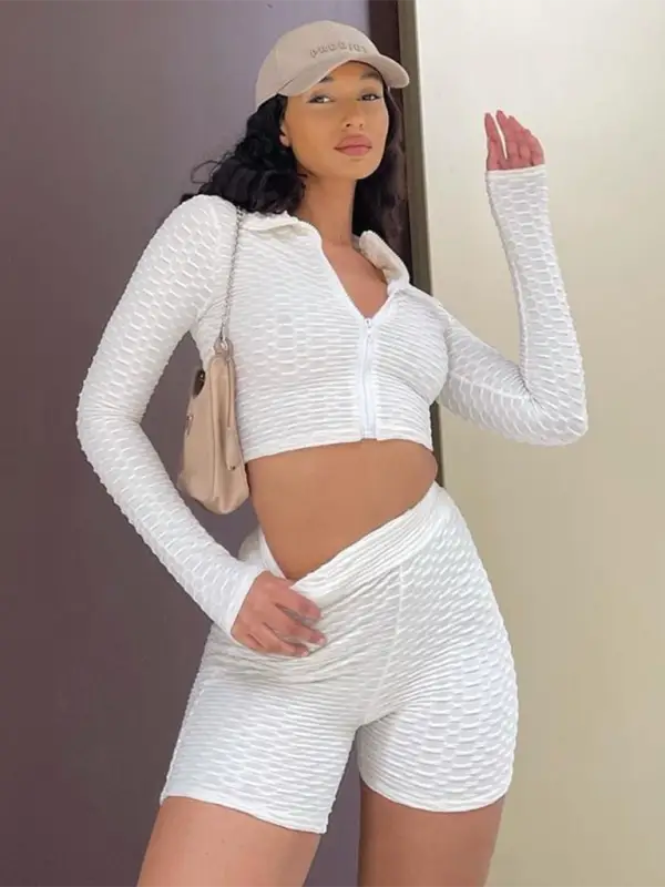 Women’s solid textured fabric athleisure sets - white / s - activewear shorts set