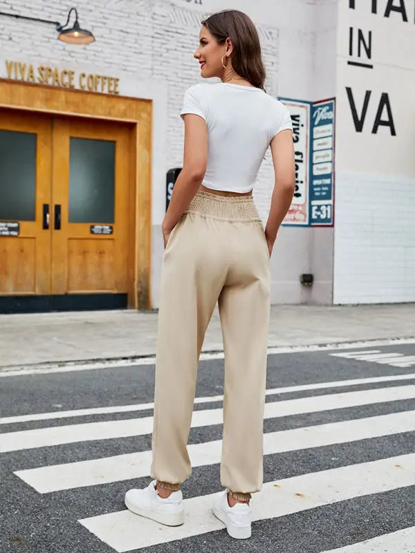 Woven elastic bound high waist casual pants - joggers