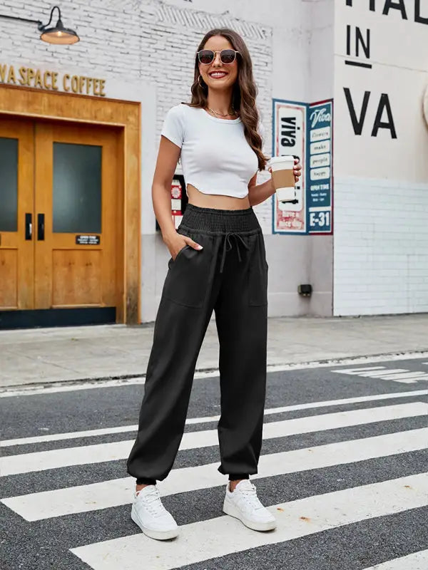 Woven elastic bound high waist casual pants - joggers