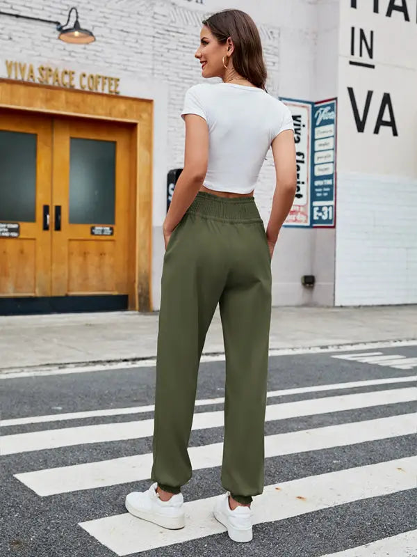 Woven elastic bound high waist casual pants - joggers