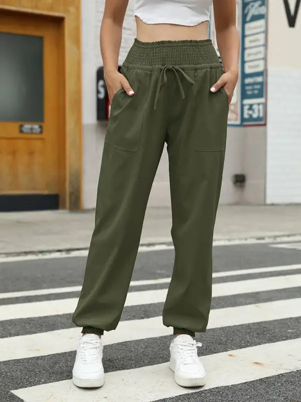 Woven elastic bound high waist casual pants - joggers