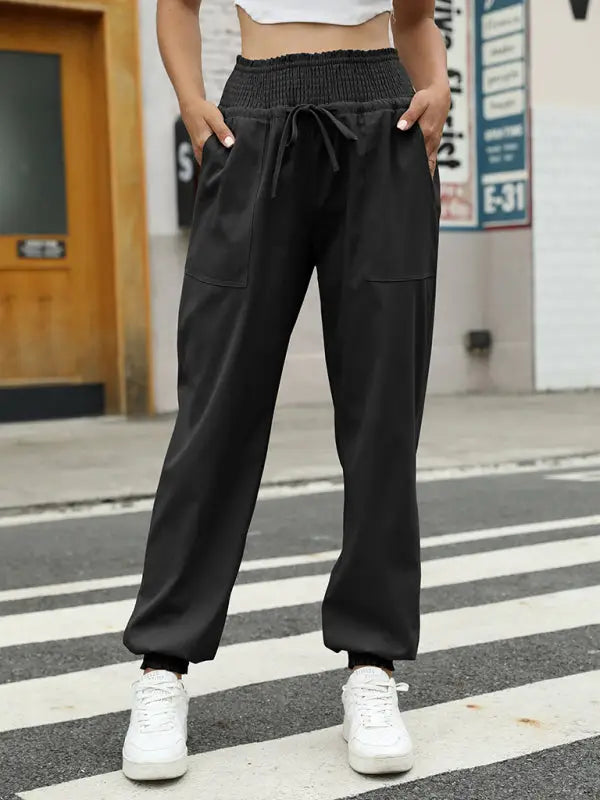 Woven elastic bound high waist casual pants - black / s - joggers