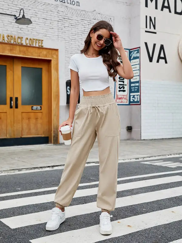 Woven elastic bound high waist casual pants - joggers