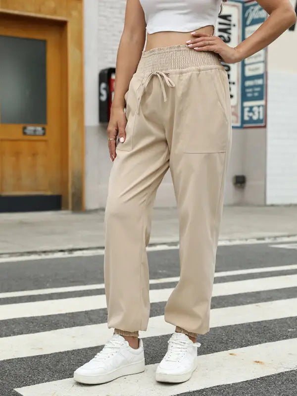 Woven elastic bound high waist casual pants - joggers