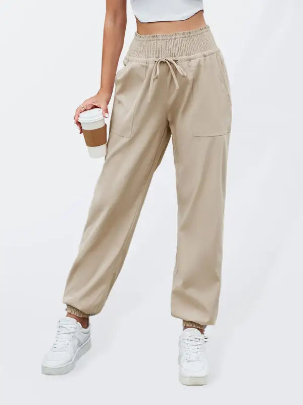 Woven elastic bound high waist casual pants - khaki / s - joggers