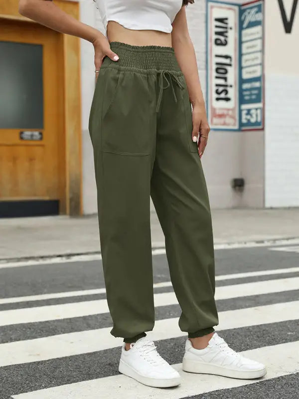 Woven elastic bound high waist casual pants - olive green / s - joggers