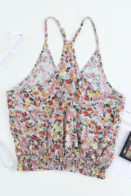 Wrapped v-neck floral crop top - tops