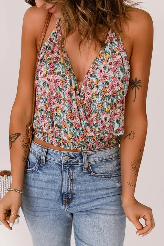 Wrapped v-neck floral crop top - tops