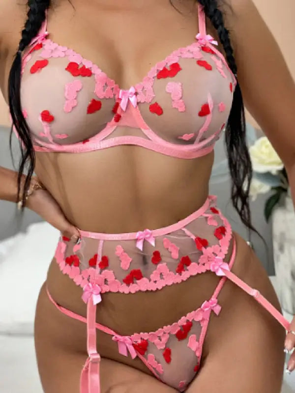 Xoxo sheer embroidered 3-pieces garter set - pink / s - sets