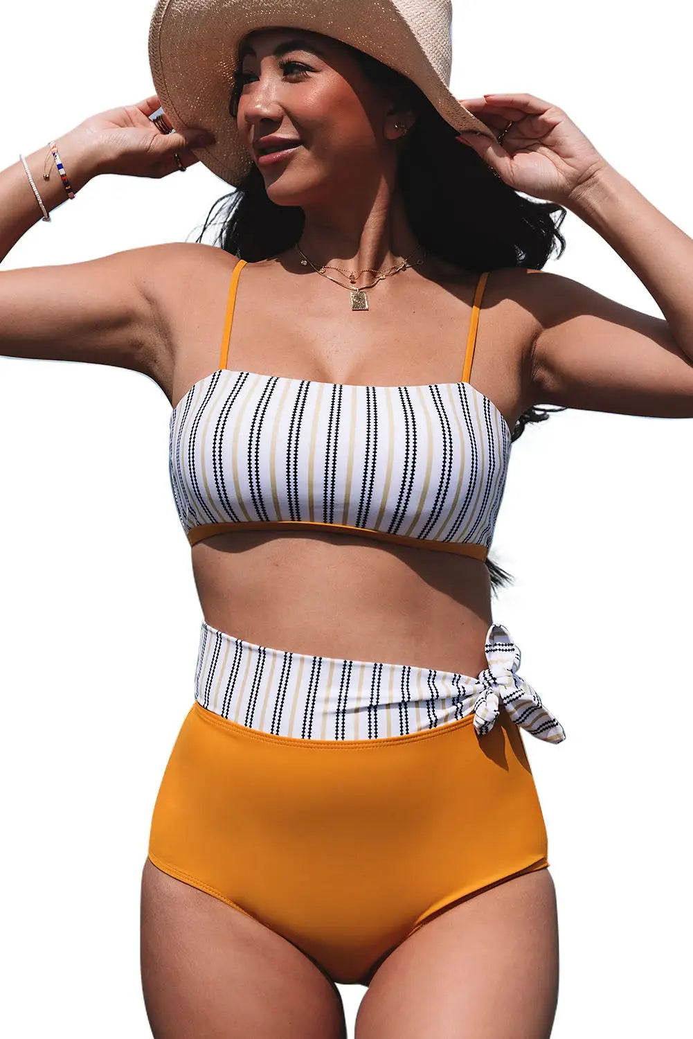 Yellow 2pcs contrast striped tie high waist bikini swimsuit - swimsuits