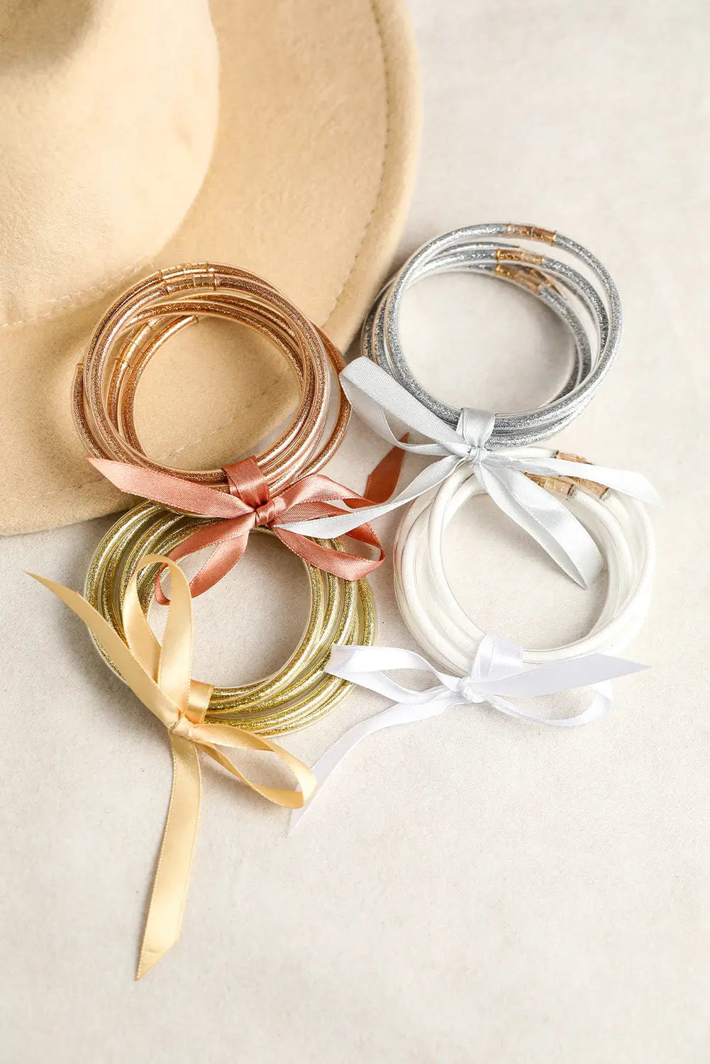 Yellow 5pcs glitter jelly bow knot ribbon bracelet set - one size / 100% pu - bracelets sets