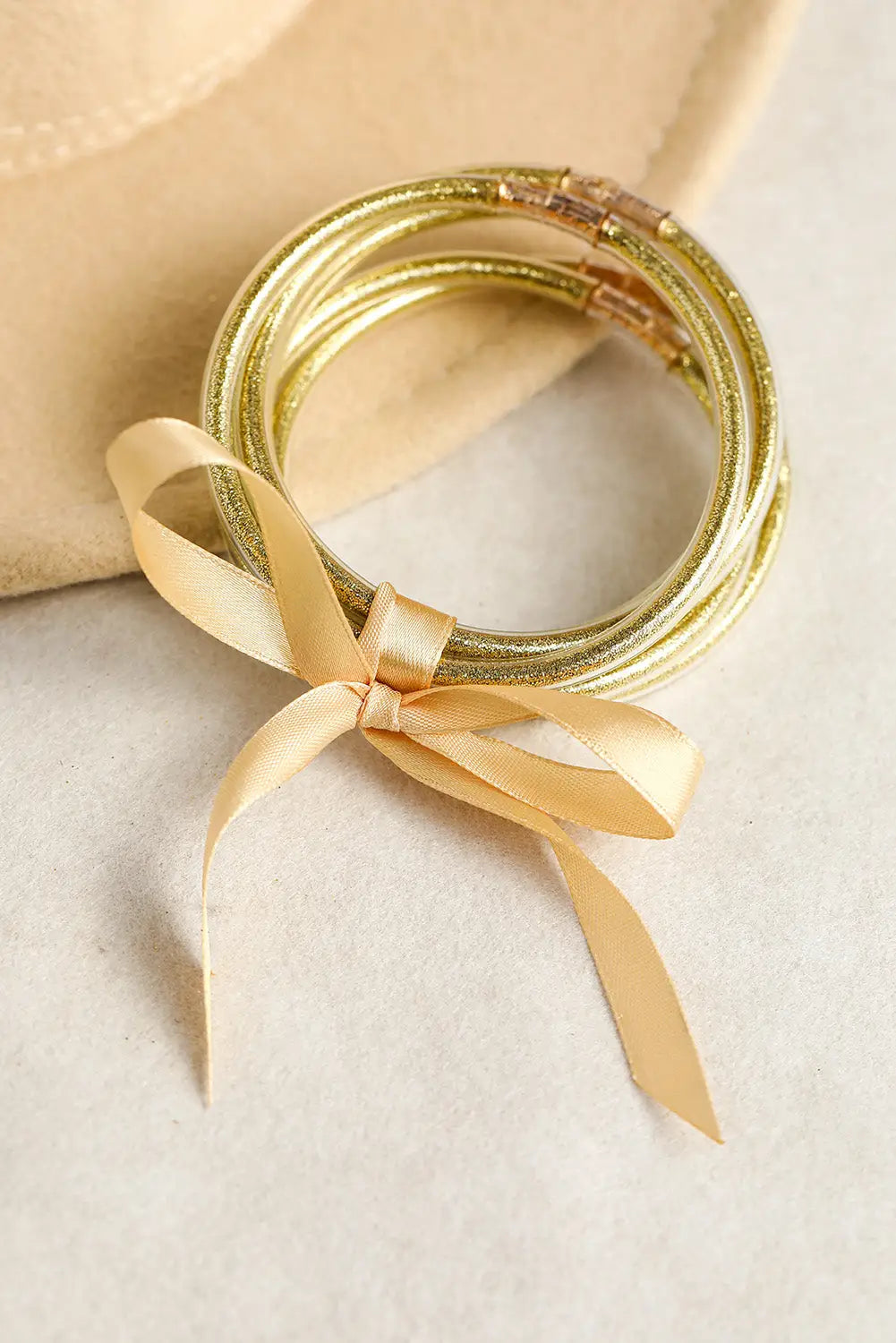 Yellow 5pcs glitter jelly bow knot ribbon bracelet set - one size / 100% pu - bracelets sets
