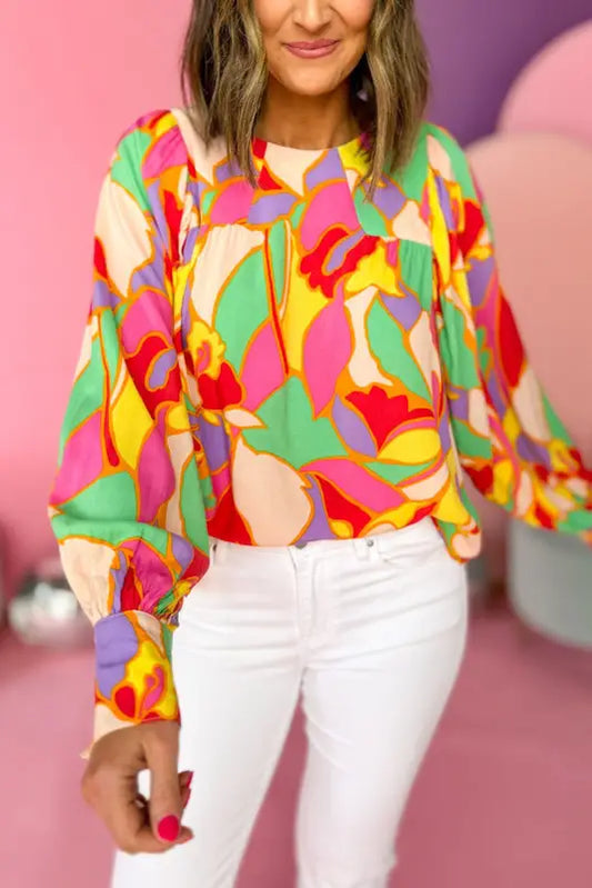 Yellow abstract puff sleeve blouse - s / 100% polyester - blouses