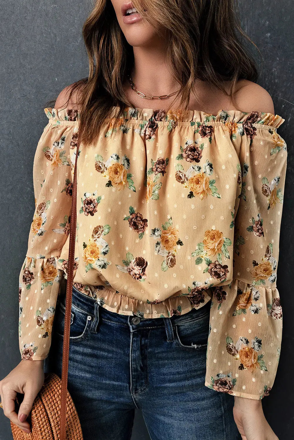 Yellow bell sleeves floral crop top - s / 100% polyester - tops
