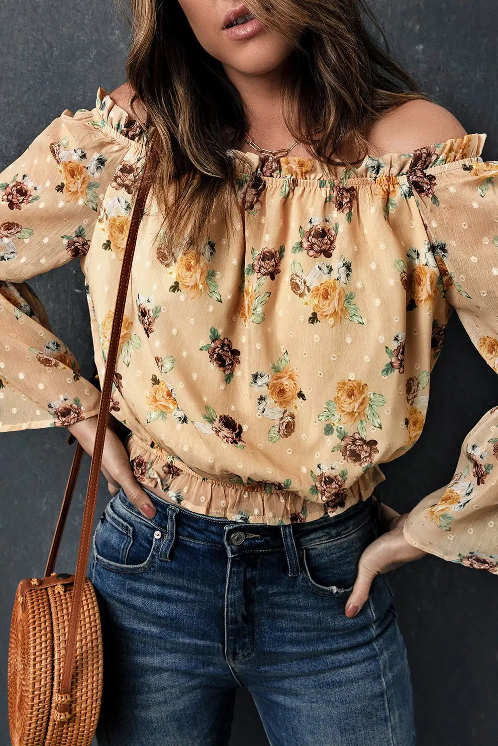 Yellow bell sleeves floral crop top - tops