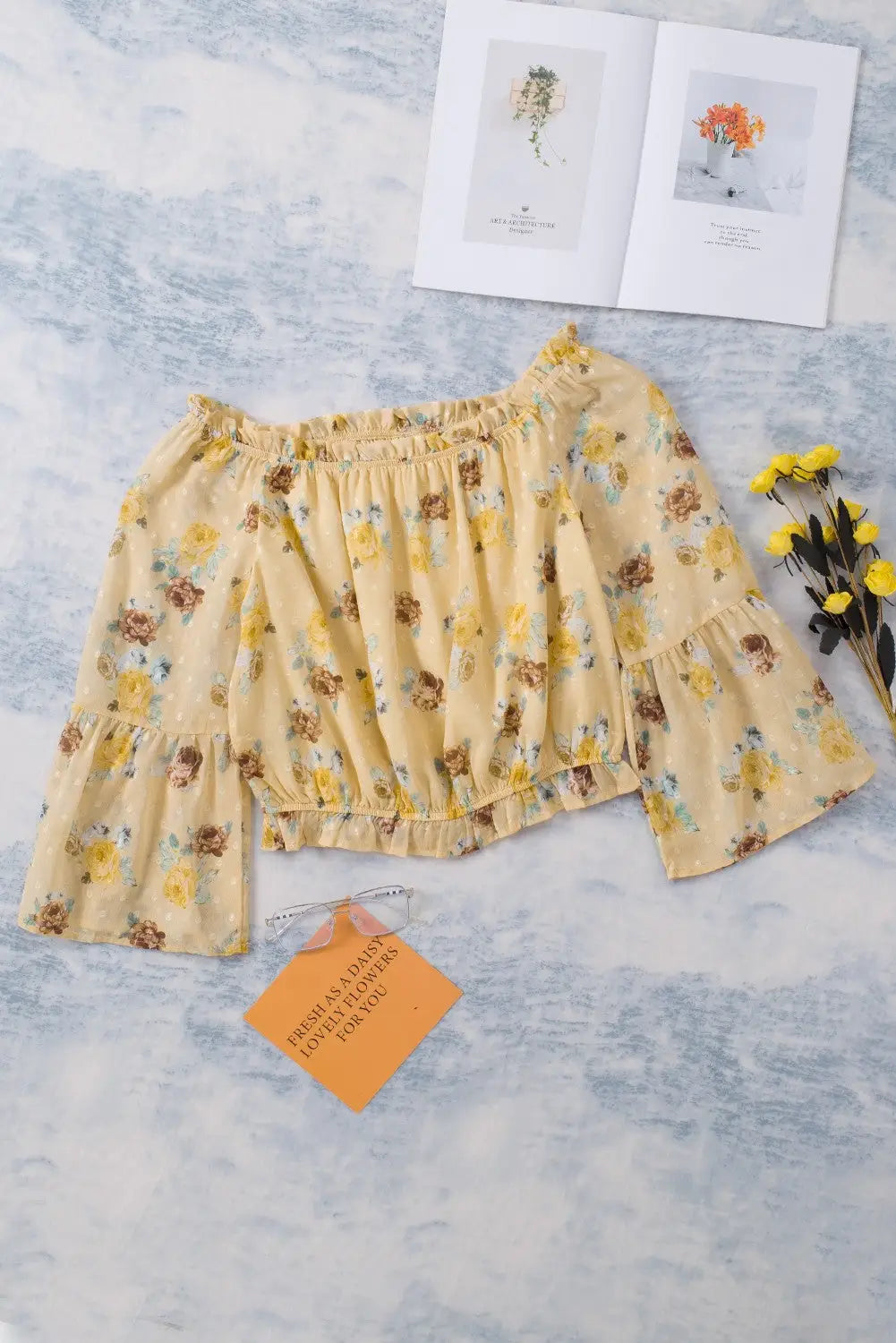 Yellow bell sleeves floral crop top - tops