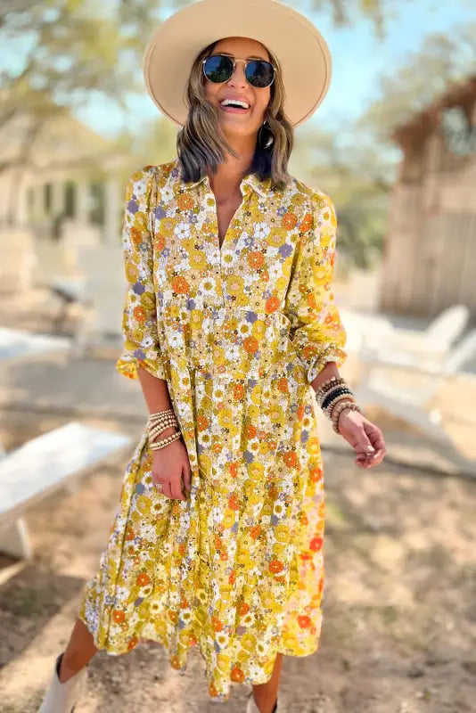 Yellow boho dress - floral collared long sleeve ruffled - dresses