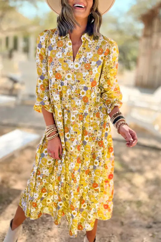 Yellow boho dress - floral collared long sleeve ruffled - s / 100% polyester - dresses