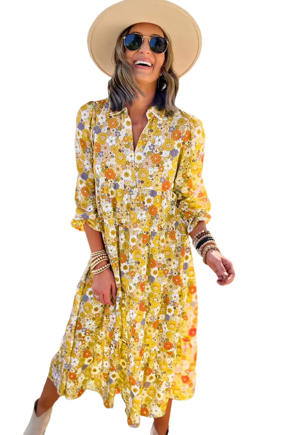 Yellow boho floral collared long sleeve ruffled dress - dresses