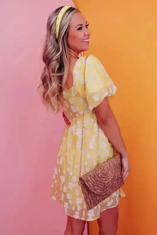 Yellow Boho Flower Jacquard Mini Dress - Fashionfitz