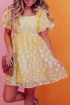 Yellow Boho Flower Jacquard Mini Dress - Fashionfitz