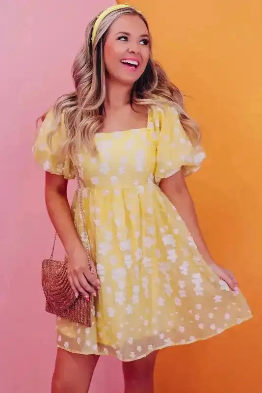 Yellow Boho Flower Jacquard Mini Dress - Fashionfitz