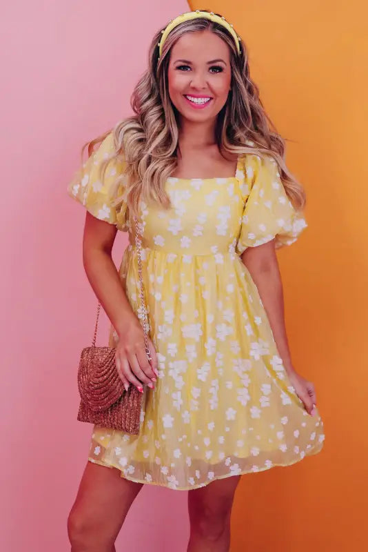 Yellow boho flower jacquard mini dress - dresses/floral dresses