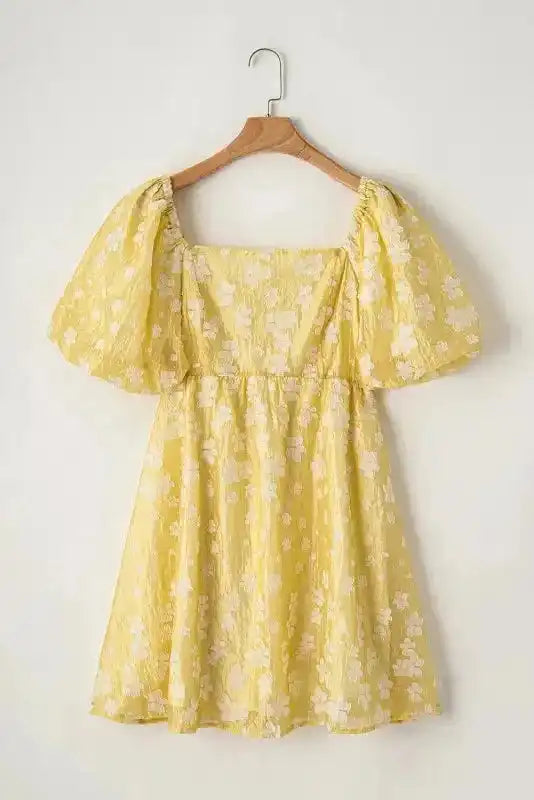 Yellow Boho Flower Jacquard Mini Dress - Fashionfitz