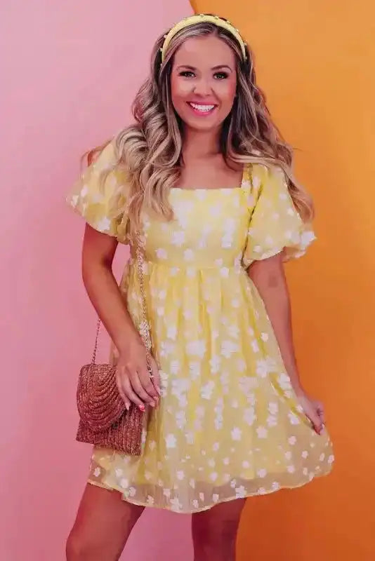 Yellow Boho Flower Jacquard Mini Dress - Fashionfitz