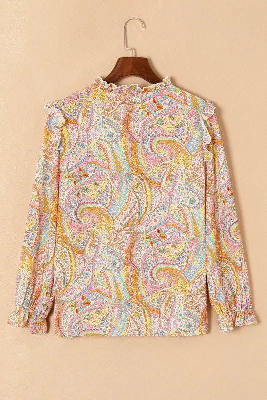 Yellow boho shirt - paisley print ruffled trim - shirts