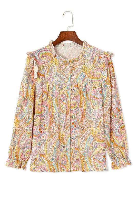 Yellow boho shirt - paisley print ruffled trim - shirts