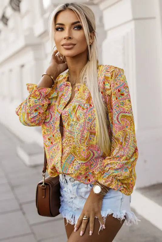 Yellow boho shirt - paisley print ruffled trim - shirts