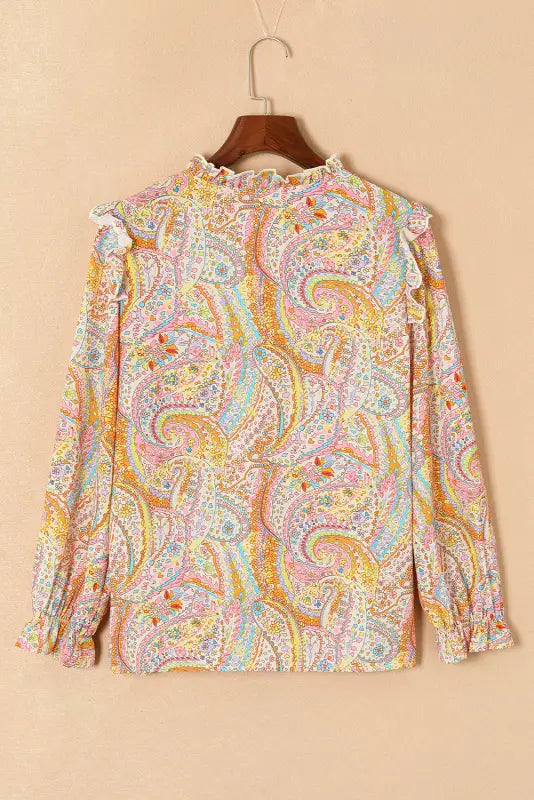 Yellow boho shirt - paisley print ruffled trim - shirts